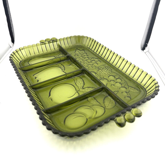 VTG Indiana Glass Green 5 Part EUC Divided Relish Fruit Design Tray 11"x9" - Picture 4 of 10